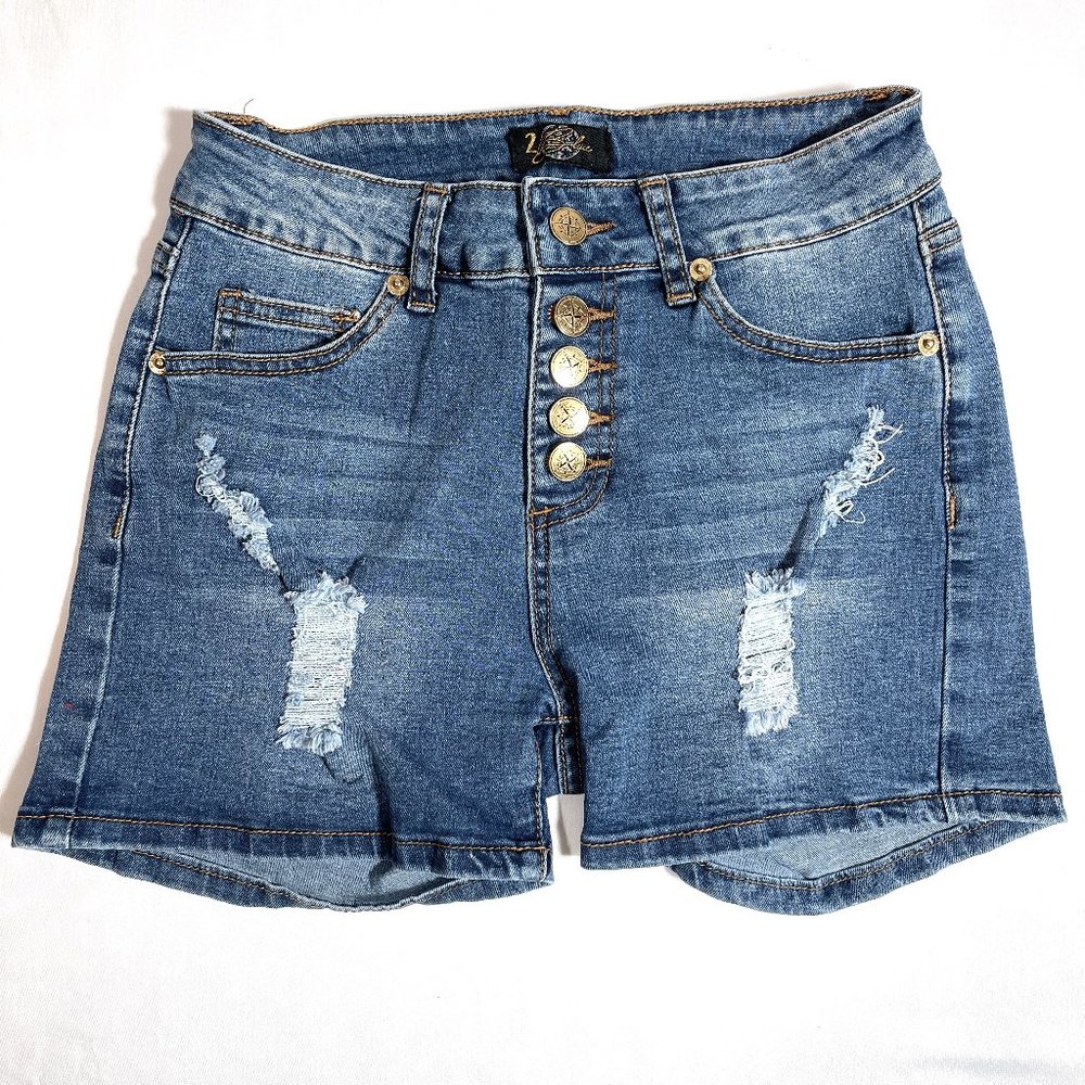 2 blue Distressed Button Denim Shorts